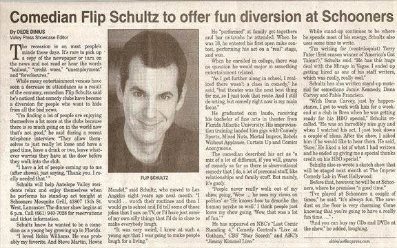 Comedian Flip Schultz to Offer Fun Diversion at Schooners-2009